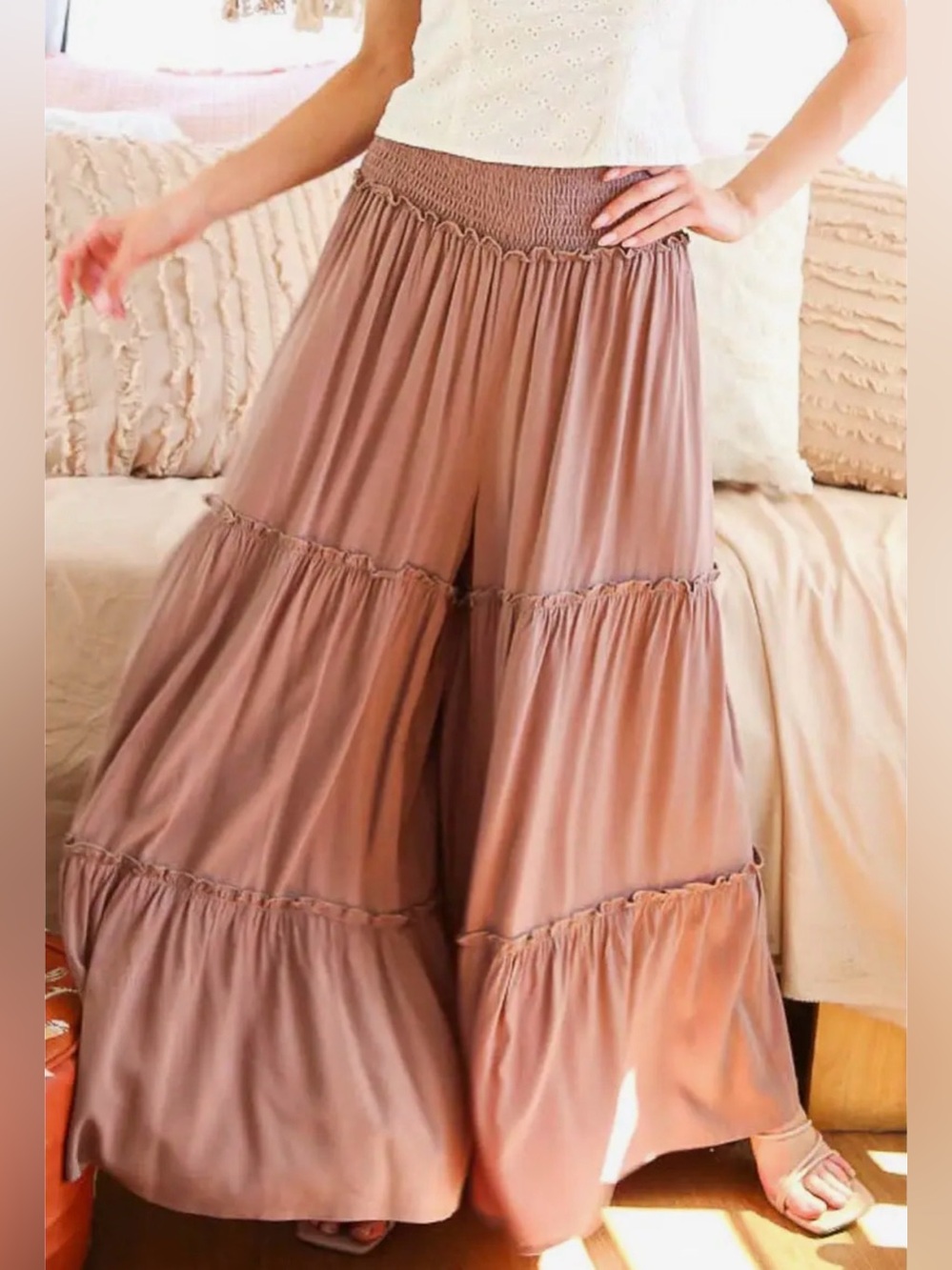 Maxi Tiered Wide Leg Beach Palazzo Pants | SM147 | Mocha